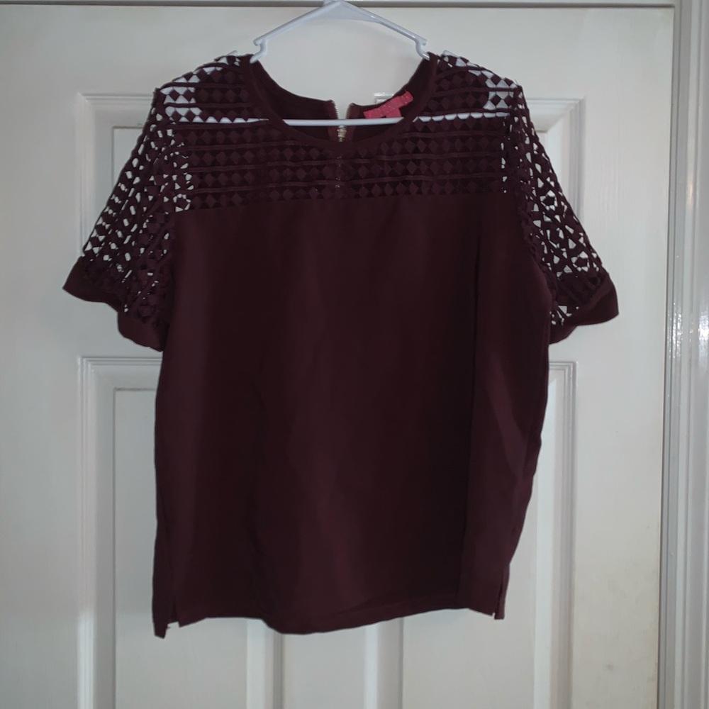 Maroon Short Sleeve Blouse with mesh sleeves